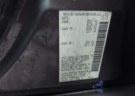 2016 Nissan Altima 2.5/2.5 S/2.5 Sl/2.5 Sr/2.5 Sv z USA, uszkodzony, nr VIN 1N4AL3AP2GN306435